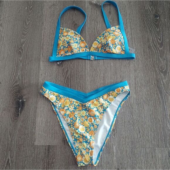 Floral Bikini Set with Blue Trim - Small - Picture 1 of 5